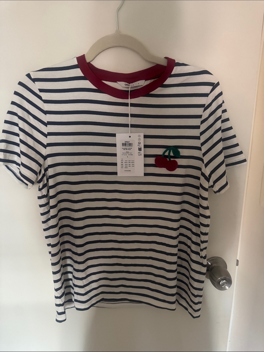 Only Navy-White Striped Tee with Red Cherry Patch and Burgundy Neck
